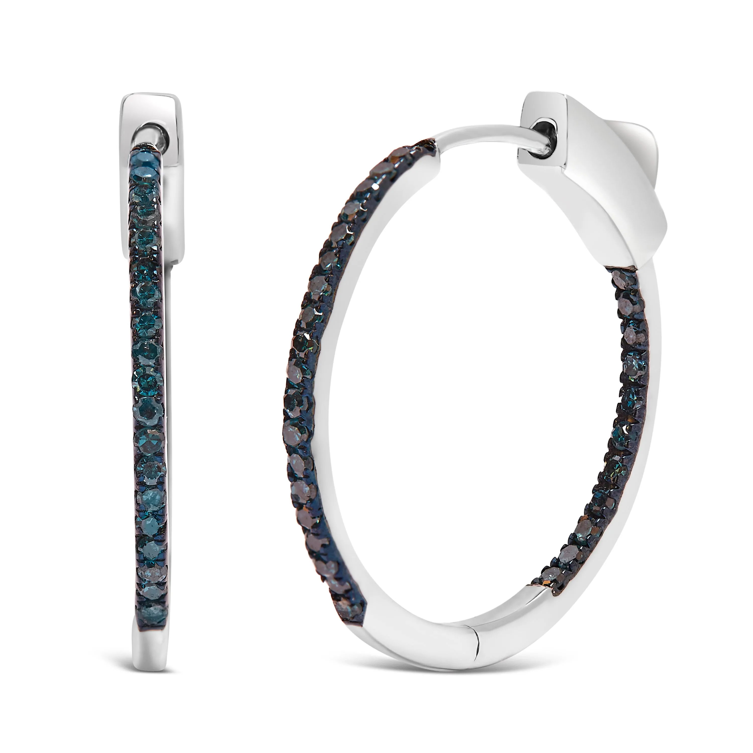 .925 Sterling Silver 1/3 Cttw Inside Out Blue Treated Diamond 1MM Wide Hoop Earrings