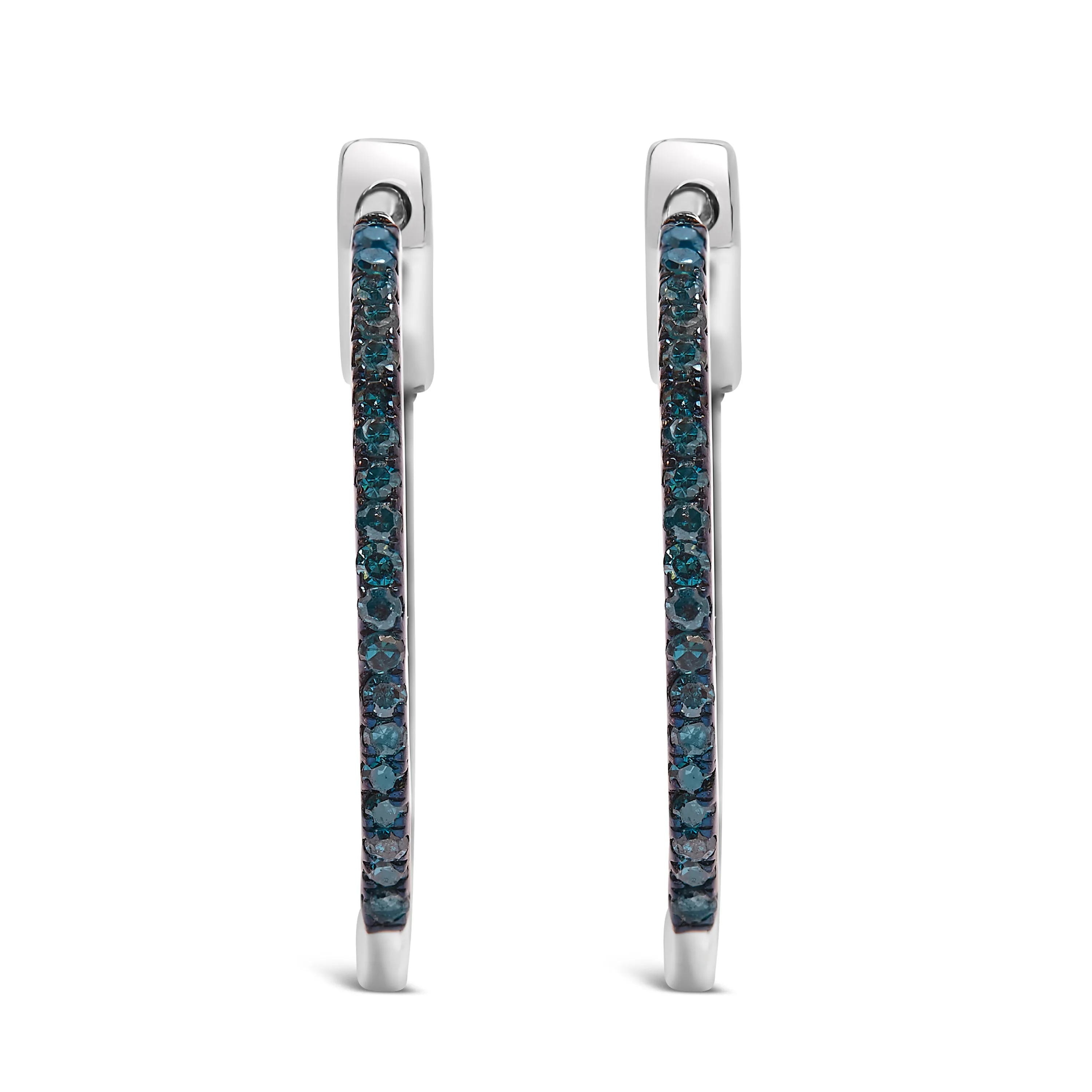 .925 Sterling Silver 1/3 Cttw Inside Out Blue Treated Diamond 1MM Wide Hoop Earrings